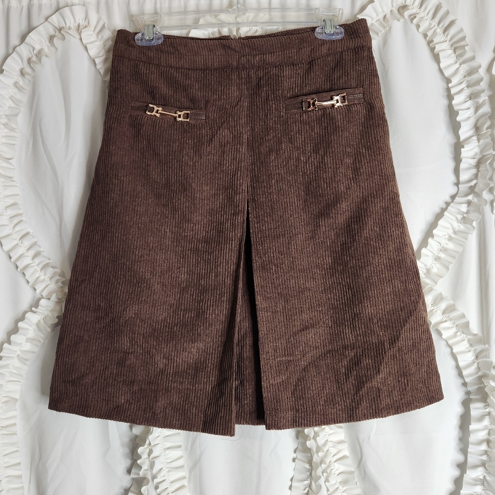 New Dazy High Waist Brown Corduroy Gold Detail A-line Skirt Sz XL